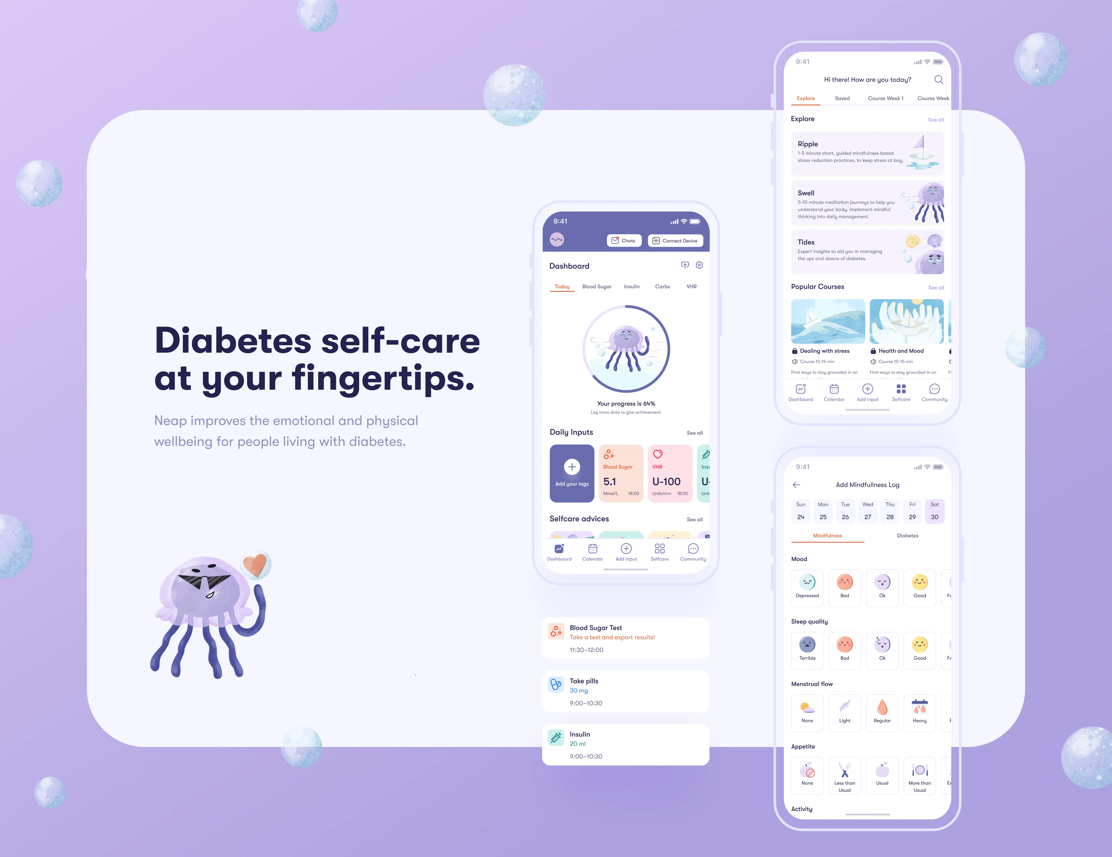 Neap diabetes self-care app cover slide — 'Diabetes self-care at your fingertips'