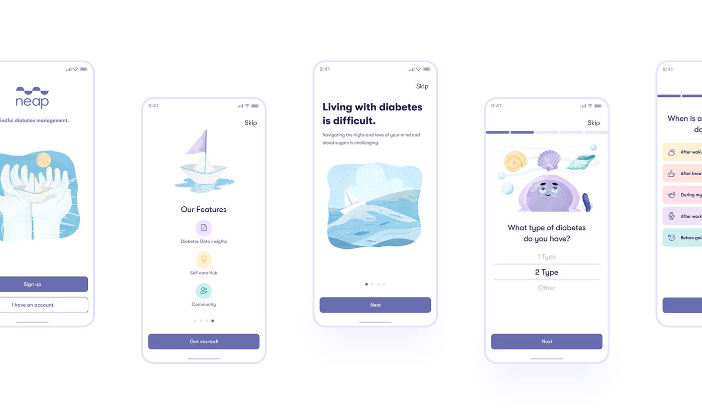 Neap onboarding screens introducing the app to new users