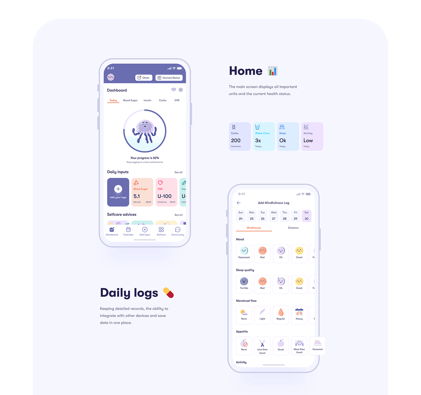 Neap home screen and daily logs for recording glucose readings