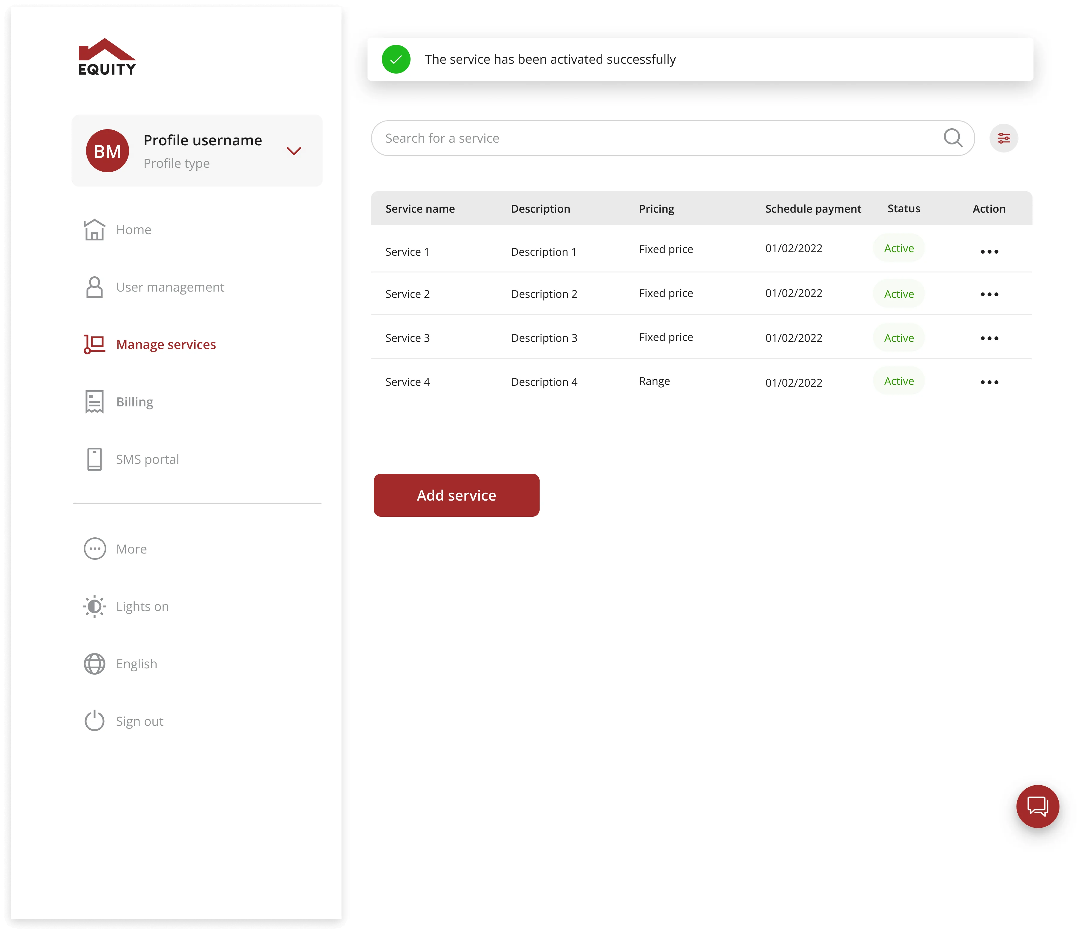 Equity Bank manage-services screen listing services with pricing, schedule and status